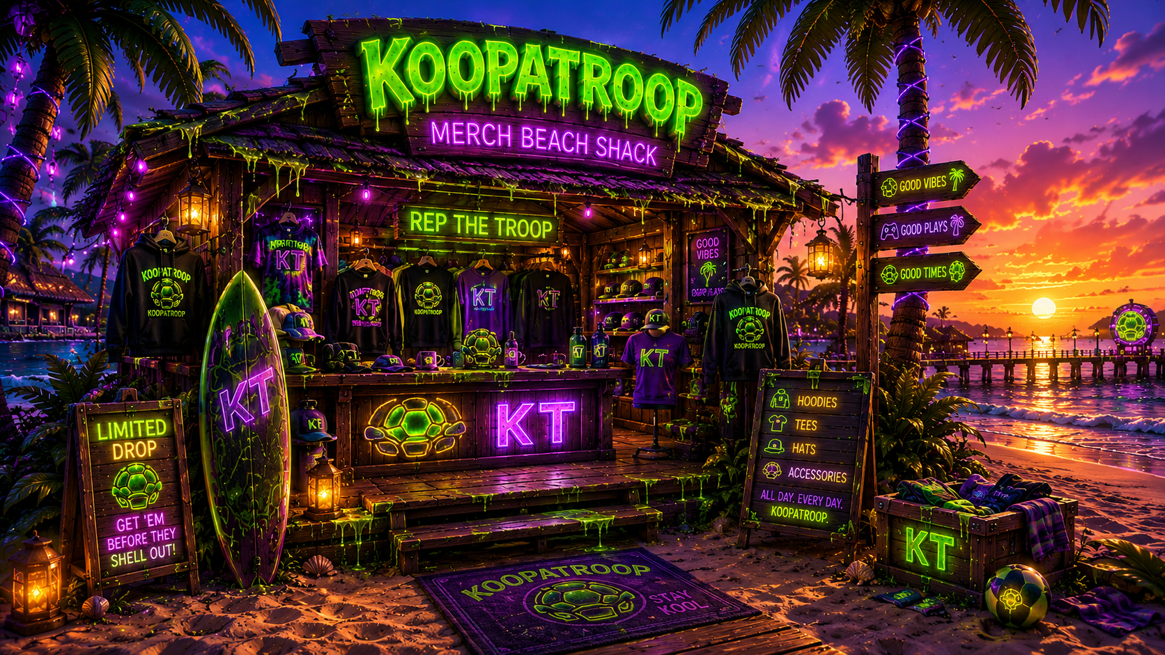 Neon tropical merch beach shack artwork